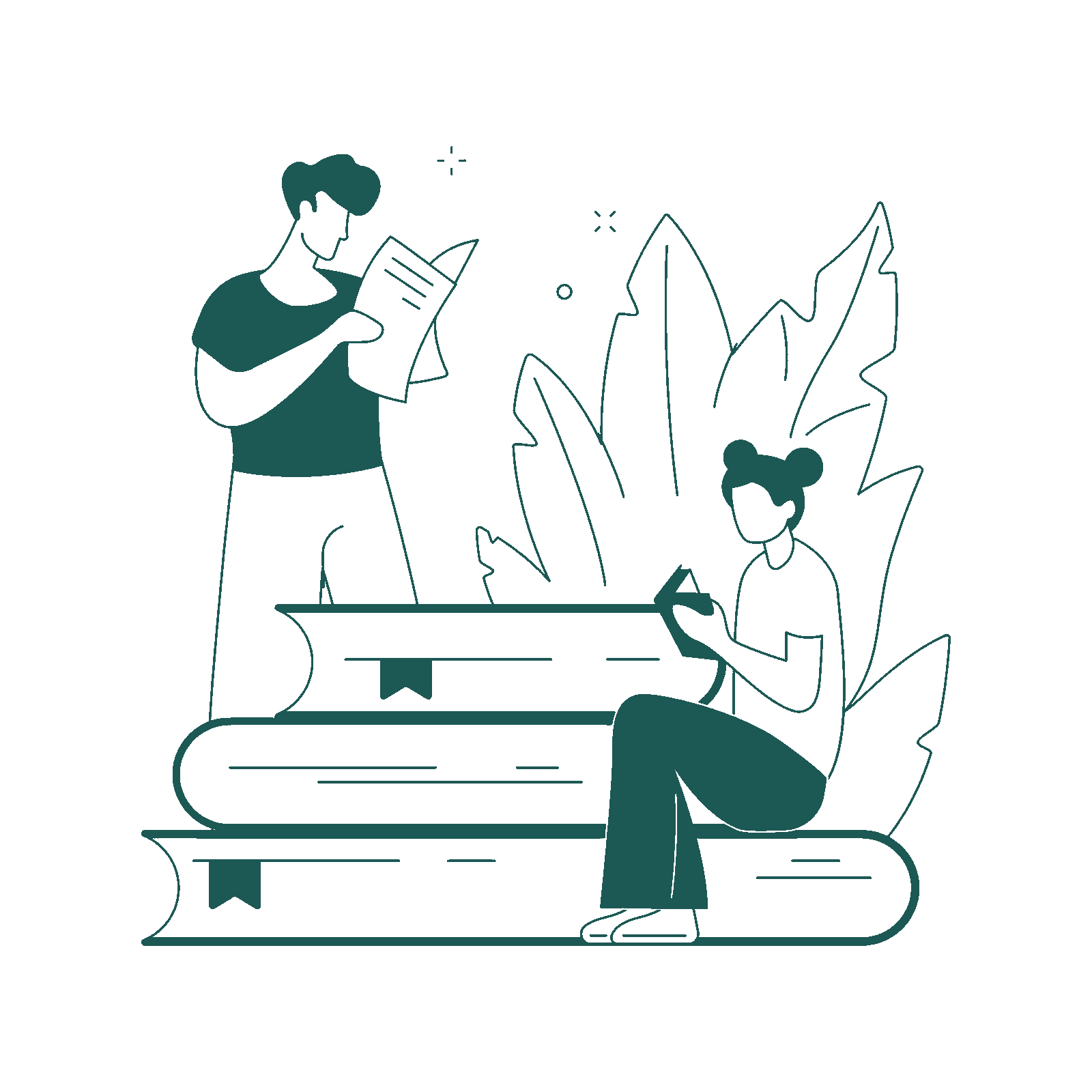 Illustration verte représentant des enfants lisant un livre, en lien avec le service “Études des enfants”