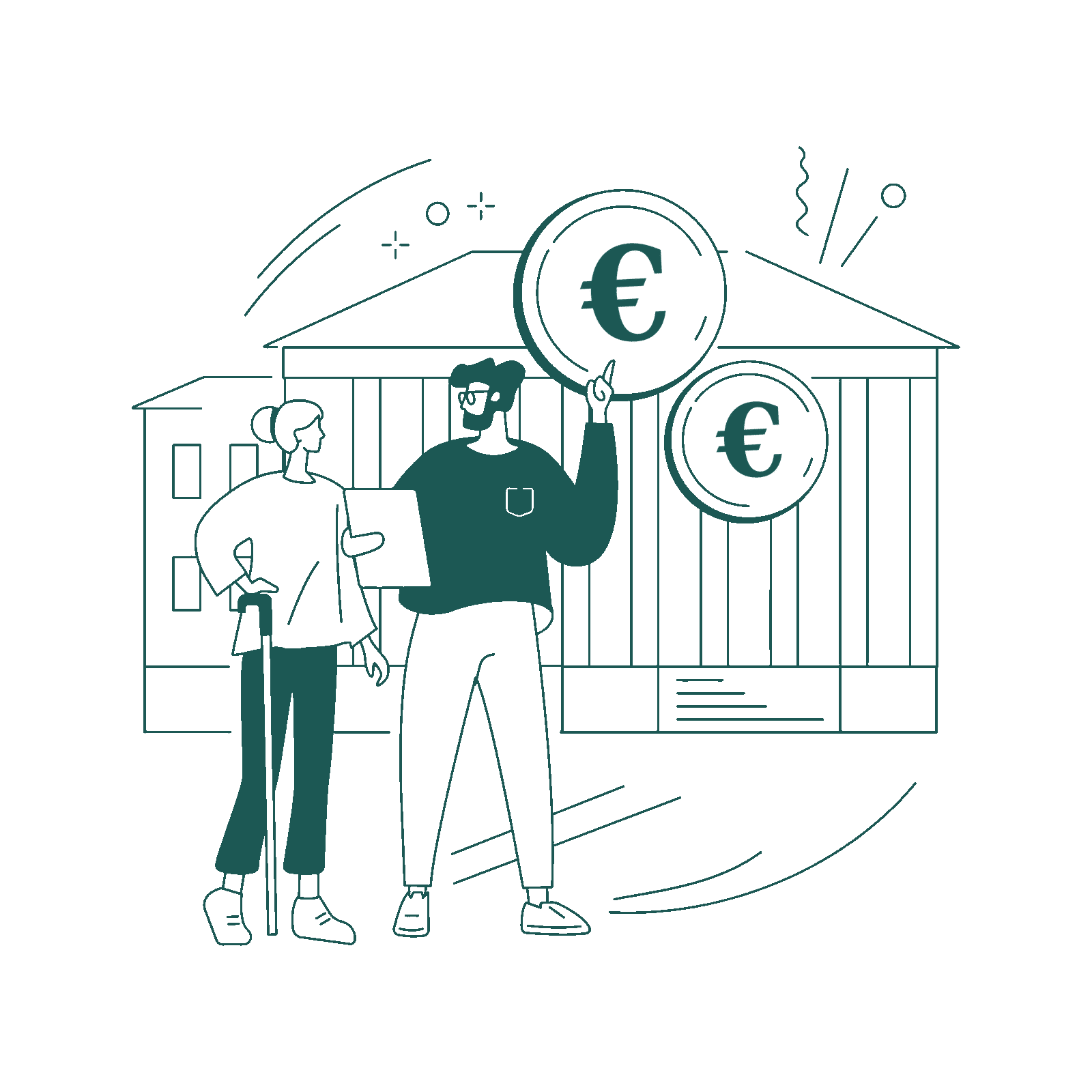 Illustration verte de deux personnes parlant de la transmission et succession