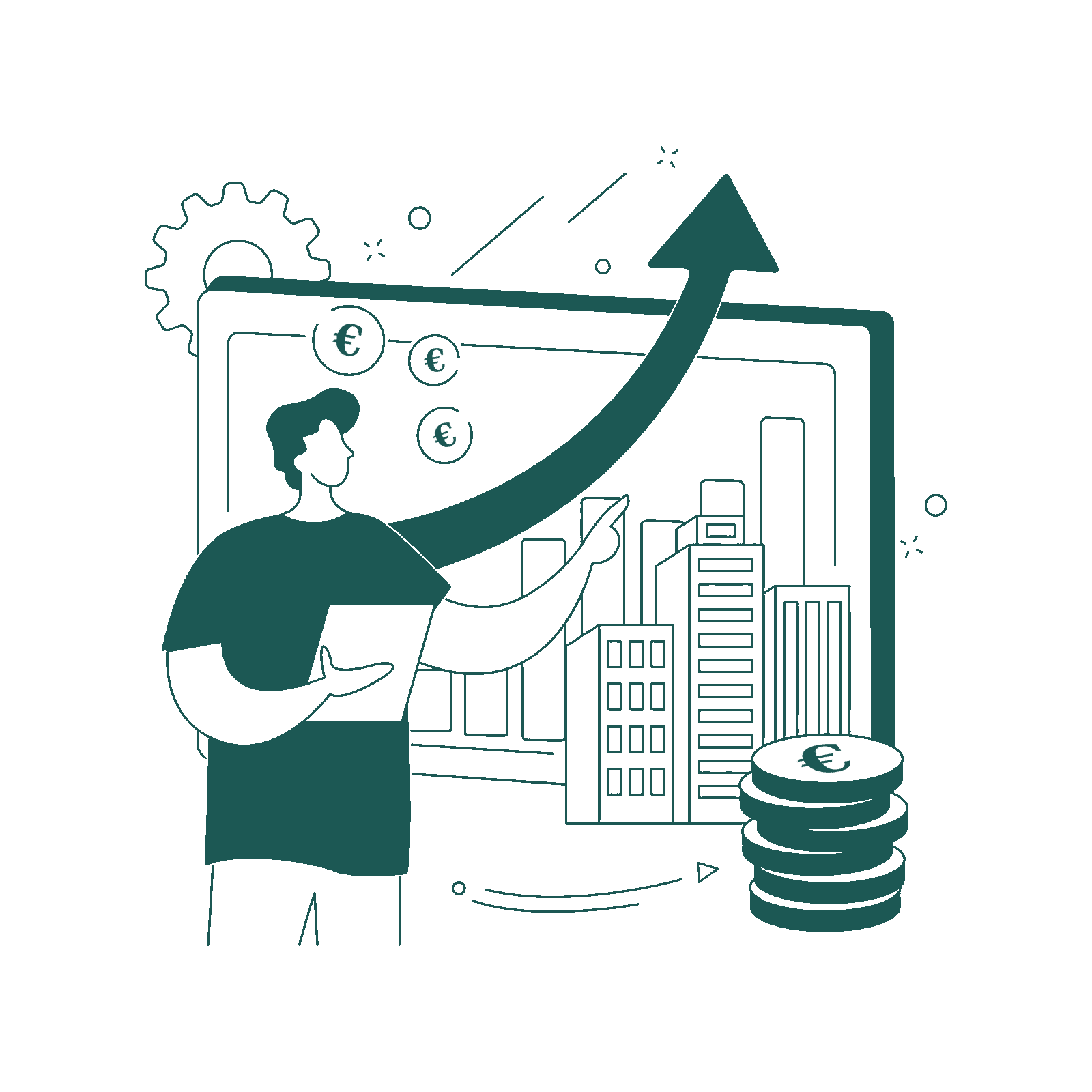 Illustration verte d’une personne investissant son patrimoine, en lien avec le service “rentabilité de vos investissements"